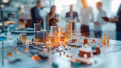 Business professionals planning a digital smart city model with futuristic technology