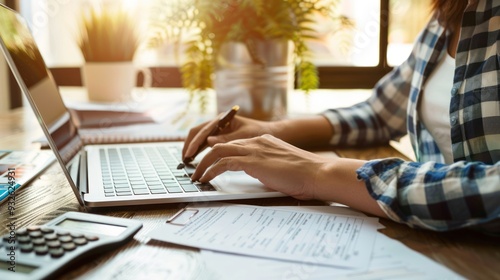 a person using a laptop to fill out an online mortgage application form with a calculator and documents nearby.