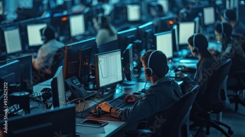 a call center with multiple workstations, each equipped with headsets and computer screens, showing busy agents at work.