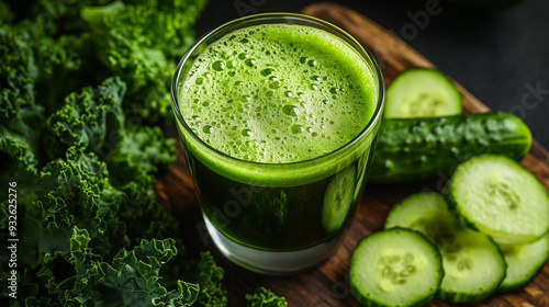 Cold-pressed green juice with kale, spinach, and cucumber, highlighting a nutrient-dense and refreshing detox drink. Image made using Generative AI