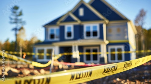 a house with warning signs and caution tape, symbolizing potential risks and challenges in real estate investment.