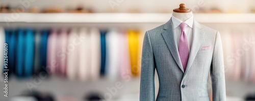 Elegant gray suit displayed on a mannequin, featuring a pink tie, showcasing modern tailoring in a stylish clothing store.