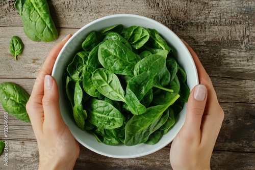 Overhead shot of white bowl with fresh organic spinach held by white female hands on wooden table