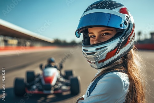 Teenage racer in helmet next to go kart on sunny track