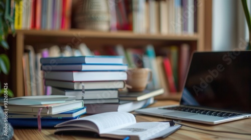 a person studying at home with a stack of textbooks and a laptop open to an online course.