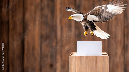 An American eagle soaring over a ballot box, symbolizing freedom and democracy in the electoral process, American election, freedom and democracy