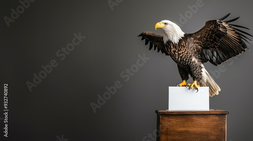 An American eagle soaring over a ballot box, symbolizing freedom and democracy in the electoral process, American election, freedom and democracy