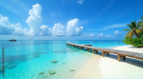 Serene beach view featuring a wooden pier and azure waters, ideal for travel promotions, tourism ads, or screen savers with copy space.