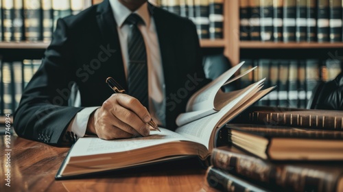 A lawyer in a professional suit reviewing legal briefs and case files at a desk.