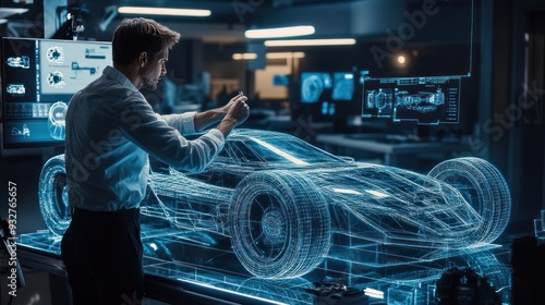 A designer adjusting the specifications of a hologram blueprint for a futuristic vehicle, with detailed schematics and dynamic visuals