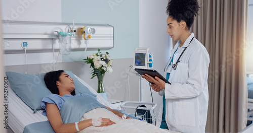 Tablet, bed and doctor with patient in hospital for healthcare, consultation or medical service. Digital technology, discussion and cardiology surgeon with woman for postoperative checkup in clinic.