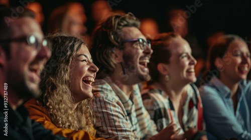 A group of people attending a live comedy show and laughing at the performance.