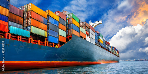 Freight ship loaded with containers in a busy port