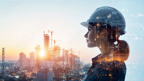 Future building construction engineering and technology project concept. double exposure graphic with engineer working and smart industry and IOT software to control operation. 