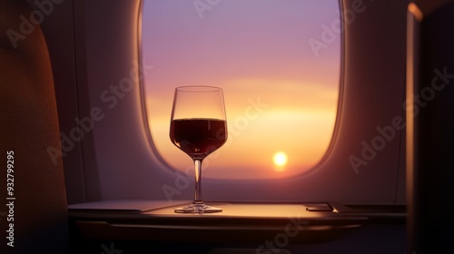 A glass of Burgundy sits quietly on a small table by the plane window, beautifully colored against the setting sun. The whole conveys an elegant and relaxed travel atmosphere.