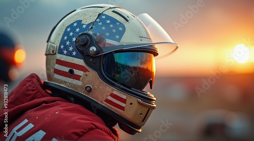 A patriotic helmet against a sunset backdrop, perfect for Labor Day promotions, events, and social media graphics, with copy space.