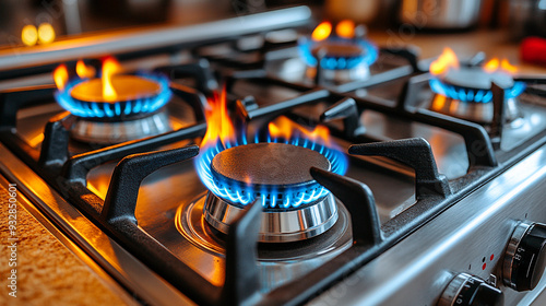 Bright blue flames dance from the burners of a gas stove as a meal cooks in a modern kitchen environment