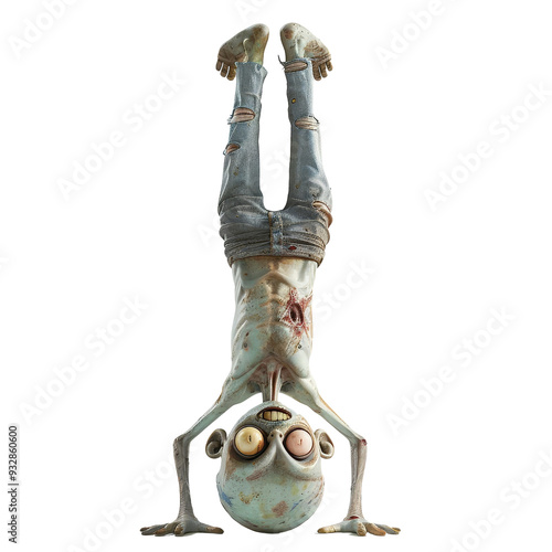 Humorous 3D zombie character doing a handstand, with tattered clothes and odd facial expression, perfect for Halloween and spooky theme projects.