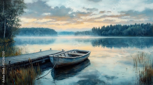 Tranquil lake scene with a wooden boat tied to a dock, surrounded by serene nature, calm waters, and a misty morning sky.