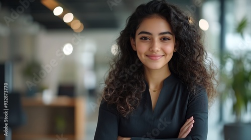 Indian curly hair young adult gen z smiling cute corporate girl standing proud look cam indoor office place Confident happy business woman worker do pose head shot portrait video at jo : Generative AI