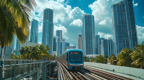 Public transportation in downtown Miami in Florida USA Metrorail city train car on high railroad over street traffic between skyscraper buildings in modern American megapolis : Generative AI