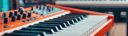 vibrant orange synthesizer keyboard with black and white keys, capturing the essence of modern music production.