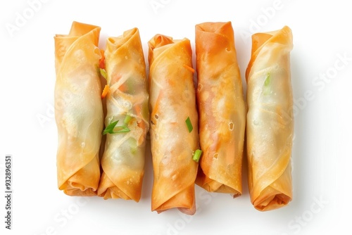 Isolated top view of spring rolls on white background