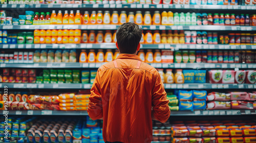 A man standing in a supermarket aisle, intently focused on the shelves. A moment of contemplation and decision-making. Concept of inflation crisis.