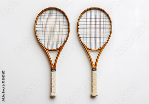 Tennis rackets, two rackets on a white background, top view, close-up, studio shot, soft light, high resolution photography in the style 