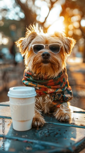 A dog wearing sunglasses and a scarf enjoys a cup of coffee. AI.