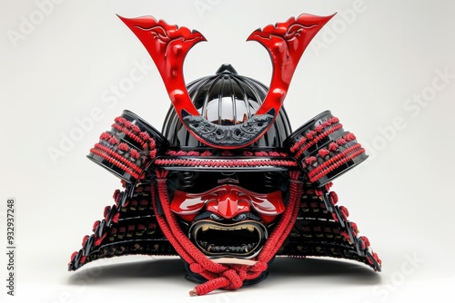 Traditional red and black samurai helmet without mask on white backdrop