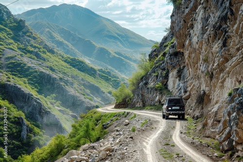 Treacherous off road journey through high mountain terrain in Caucasus region