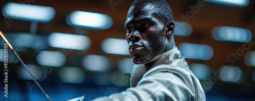 A sportsman fencing, highlighting agility and strategy (selective focus, fencing theme, dynamic, blend mode, fencing hall backdrop)