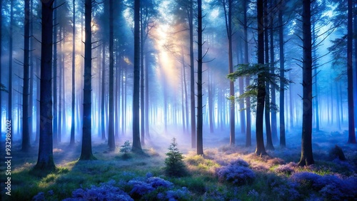 Moody ultramarine forest with dense fog and misty atmosphere illuminated by soft warm sunlight filtering through the trees