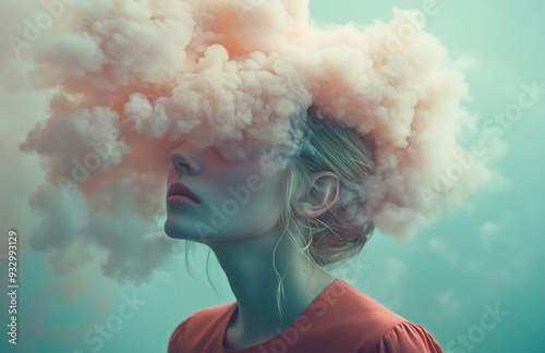 A woman with a cloud like head, wearing a red shirt, stands in a surreal environment