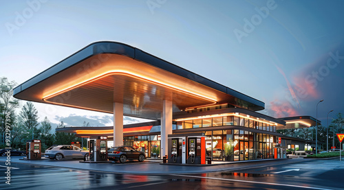 Modern gas station with fuel pumps and electric charging stations, integrated within a shopping center featuring retail stores and convenience shops. Generative AI.