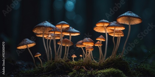 Bioluminescent mushrooms in a dark forest.