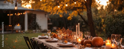 Thanksgiving table setting outdoors with pumpkins and candles. Autumn home decoration, party decoration, banner