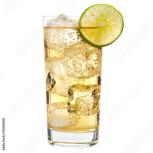 Ginger ale with ice cubes and lime at the rim isolated on white transparent background.