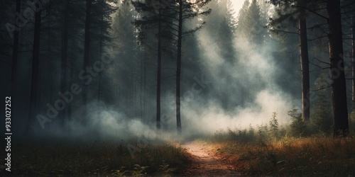 A view of a forest with smoke rising from it.