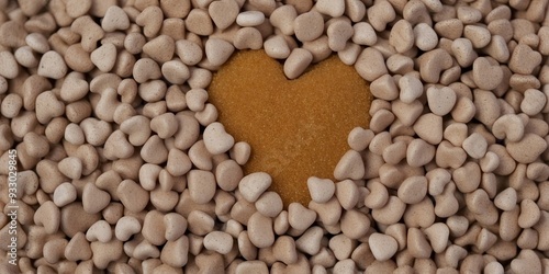 Top view of bentonite cat litter, heart shaped cat urine.