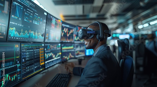 Stock trader using virtual reality headset smiling happily at sudden stock market growth. Financial opportunity concept with stockbroker with green chart graph data and real time information.