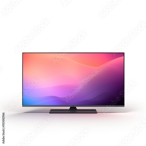 A flat panel display television set is placed on a stand against a white background. TV screensaver abstract purple background