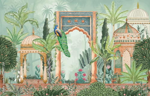 Traditional Mughal Garden, peacock, tree, palace illustration for mural wallpaper