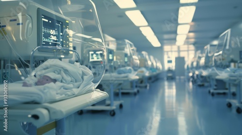 Rows of infant incubators in a neonatal intensive care unit, carefully monitoring and nurturing fragile newborns in a state-of-the-art medical facility.