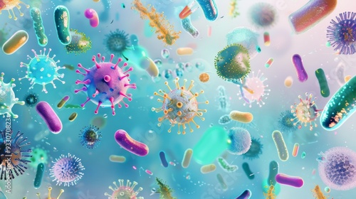 A vibrant, microscopic view of various bacteria and viruses in a colorful, dynamic array set against a soft, blurred background.