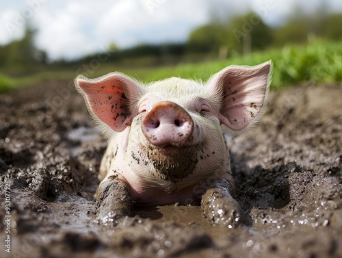 Close up image of a cheerful pig luxuriating in a mud bath with delight and contentment