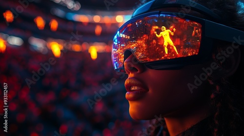 A participant immersed in virtual reality watches an intense gaming competition unfold, surrounded by cheering fans and dynamic lighting.