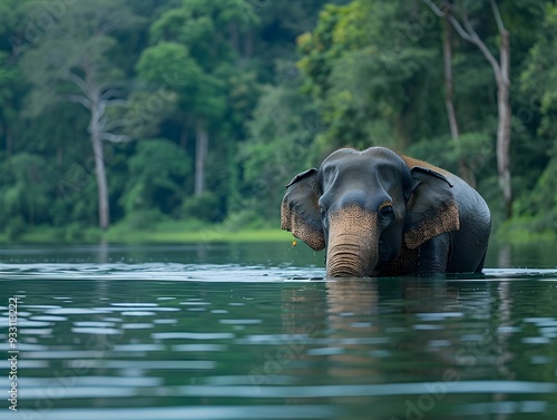 An elephant wades through a tranquil river in a lush green forest at dawn