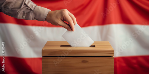 Hand putting a vote into the ballot box on a background of Austrian flag. Elections in Austria.